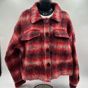 Vigoss brushed plaid thick fuzzy jacket size large. Red tan purple. NWT